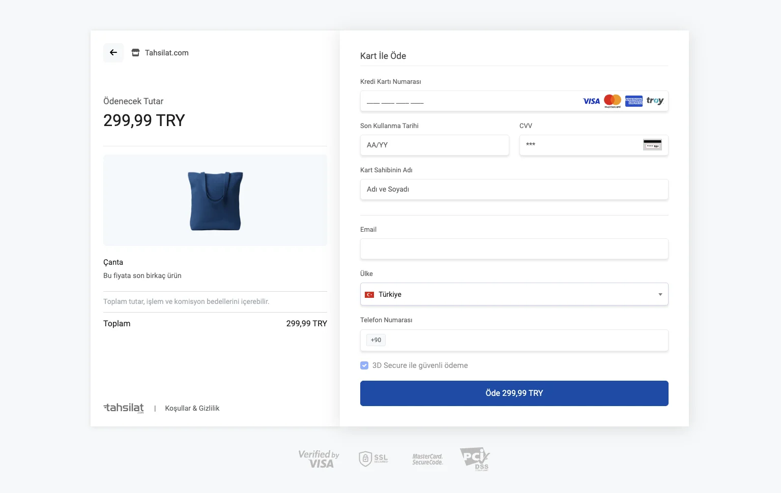 Tahsilat.com online ödeme formu - kredi kartı ile güvenli tahsilat ekranı